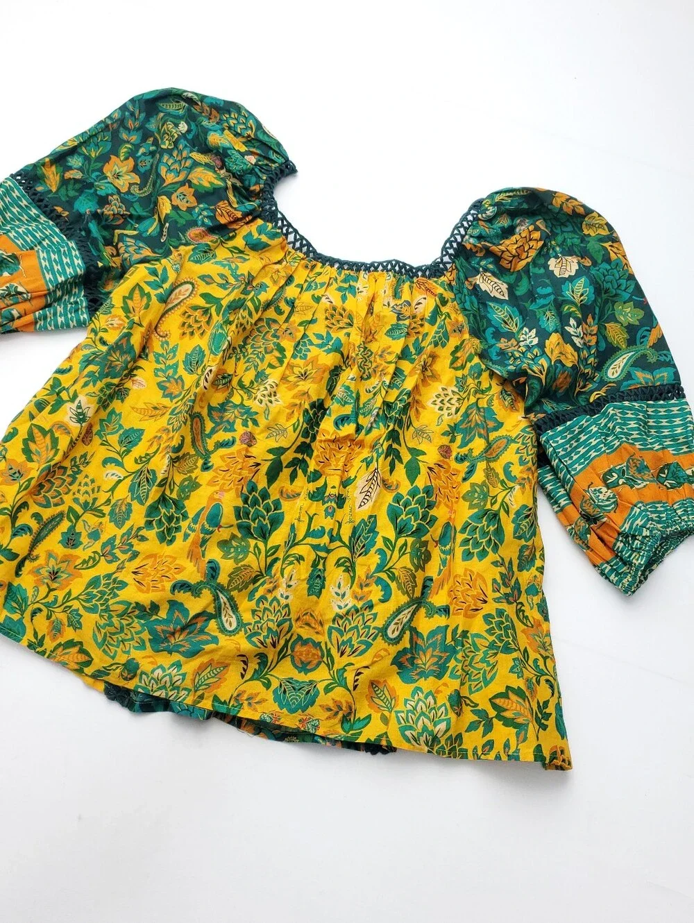 Farm Rio x Anthropologie Lace Inset Peasant Blouse Puff Sleeve Cotton Top Sz XS